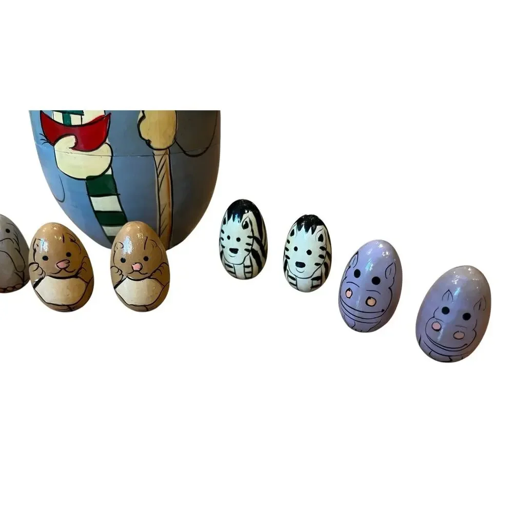 Vintage Terry's Village Hand Painted Noah's Ark Nesting Doll W/ 10 Egg Animals